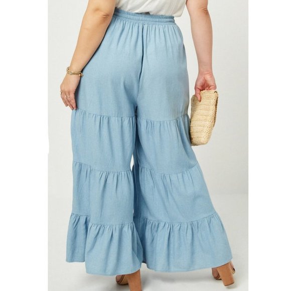 Plus Size Boho Chambray Denim Wide Leg Pants - Picture 4 of 5